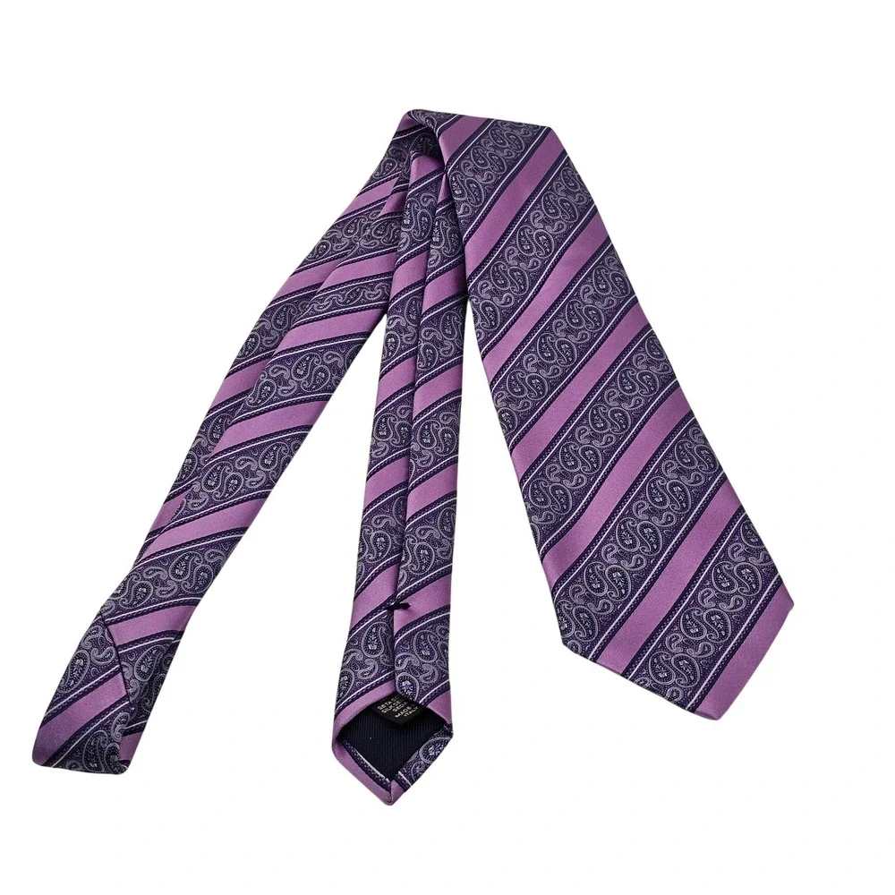 Ermenegildo Zegna Silk Tie Purple Paisley Striped Italian Luxury Designer Formal